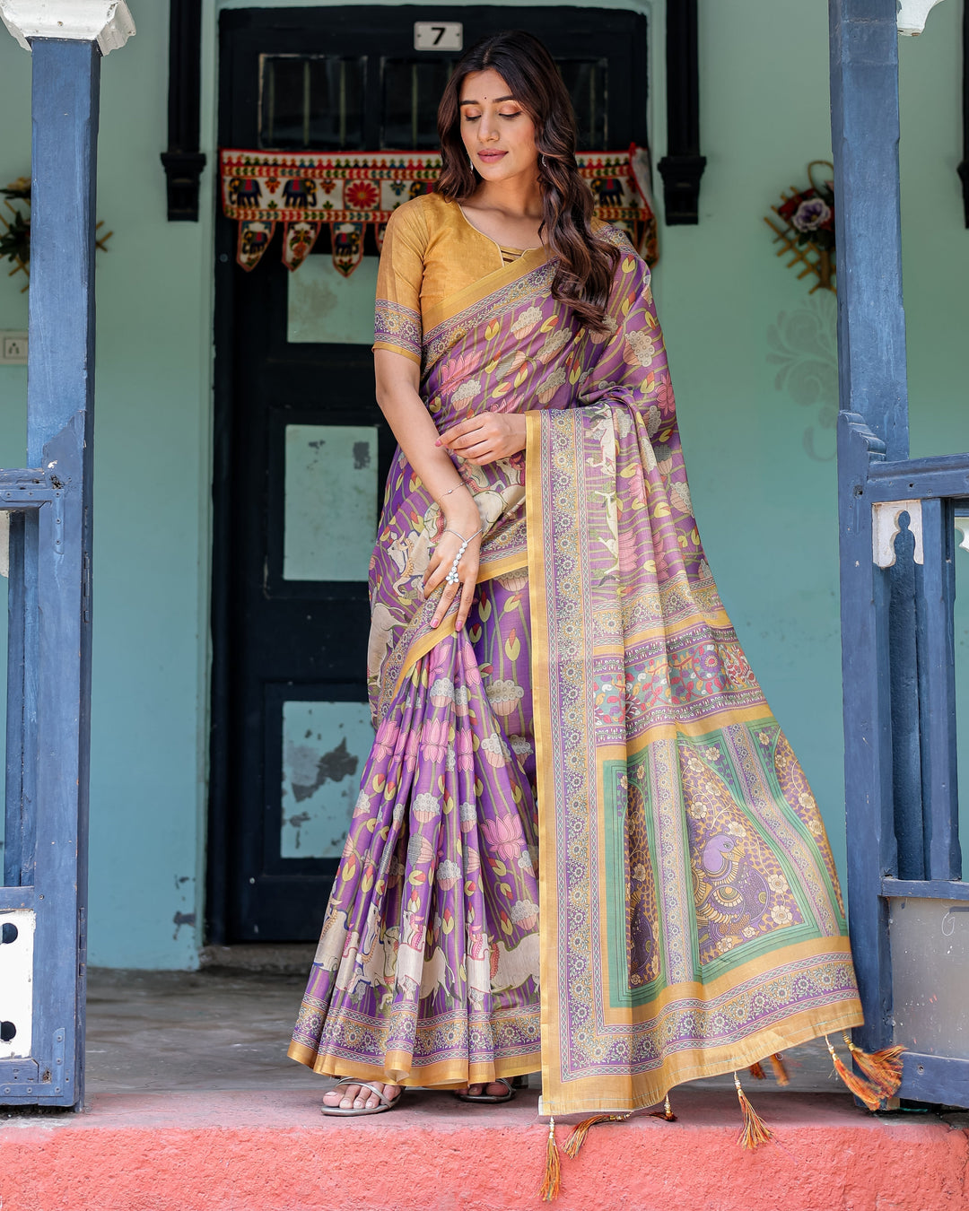 Royal Violet Handloom Cotton Saree with Cow Motifs & Temple Pallu Art