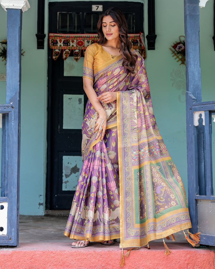 Royal Violet Handloom Cotton Saree with Cow Motifs & Temple Pallu Art