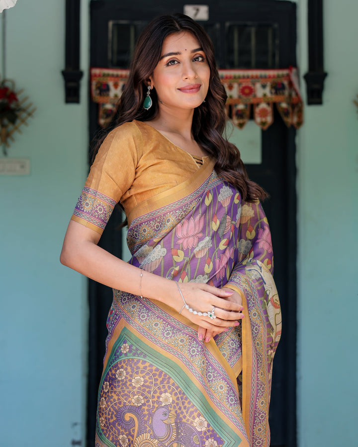 Royal Violet Handloom Cotton Saree with Cow Motifs & Temple Pallu Art