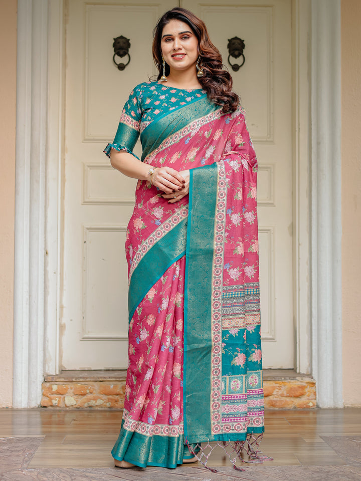 Rani Pink & Teal Green Floral Printed Saree with Rich Zari Border & Tassels – Festive Traditional Wear