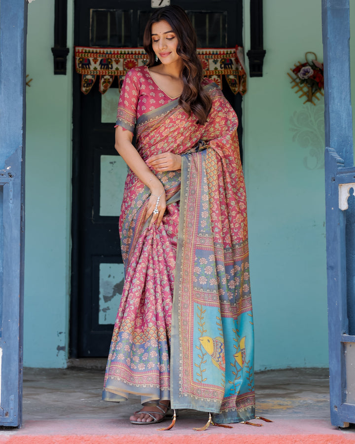 Rosewood Red Handloom Cotton Saree with Artistic Fish Pallu & Floral Vine Print