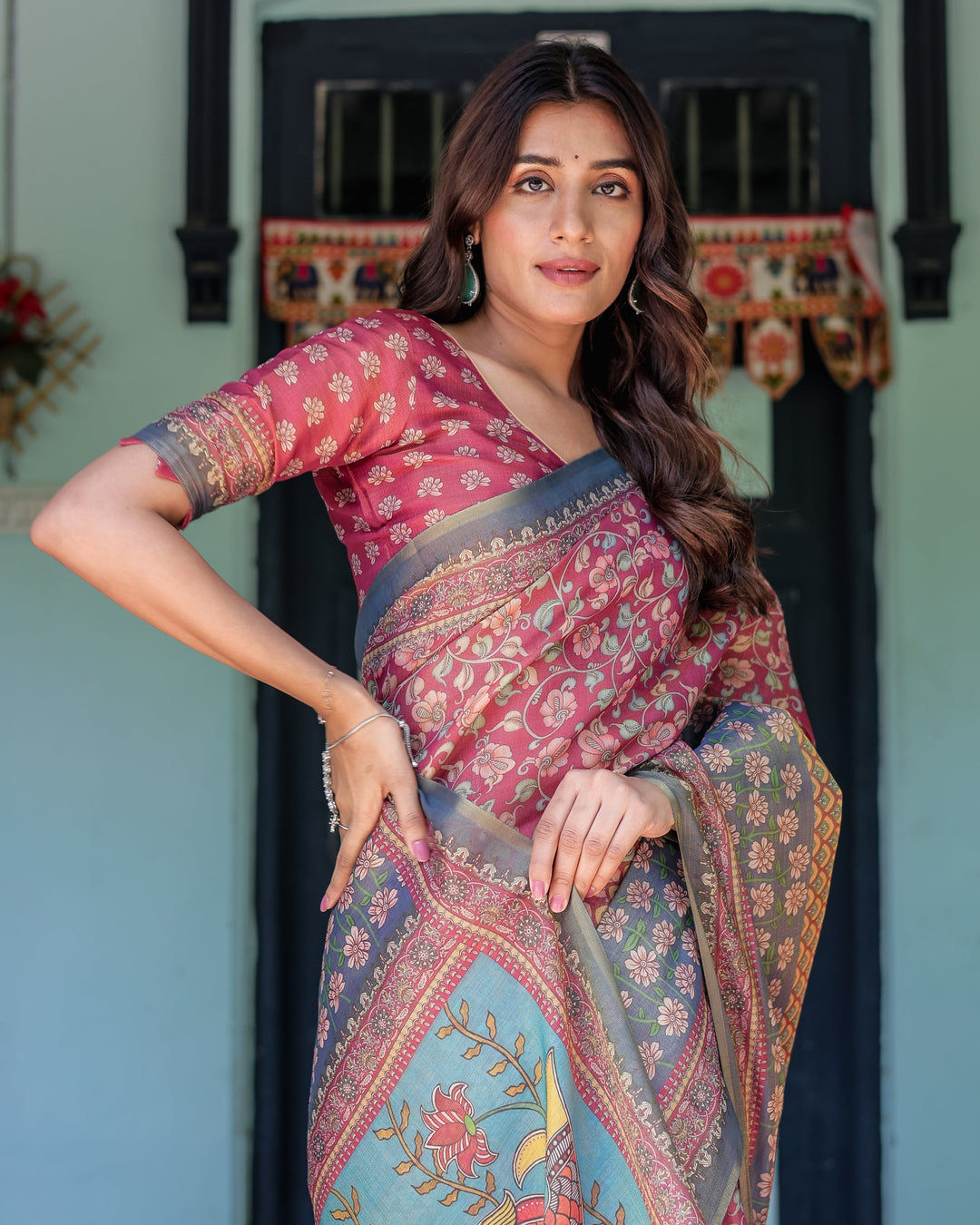 Rosewood Red Handloom Cotton Saree with Artistic Fish Pallu & Floral Vine Print