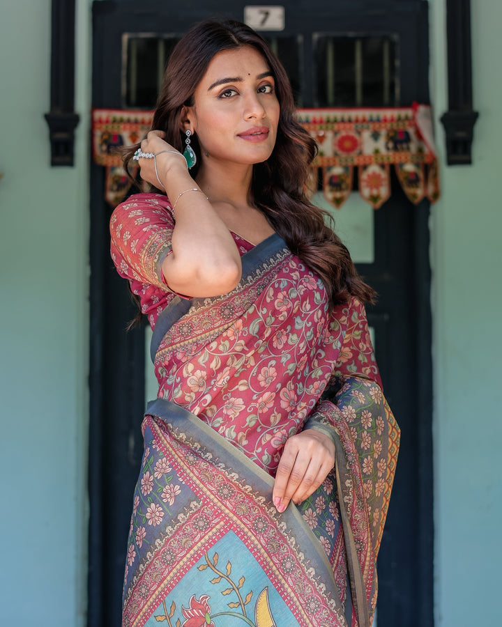 Rosewood Red Handloom Cotton Saree with Artistic Fish Pallu & Floral Vine Print