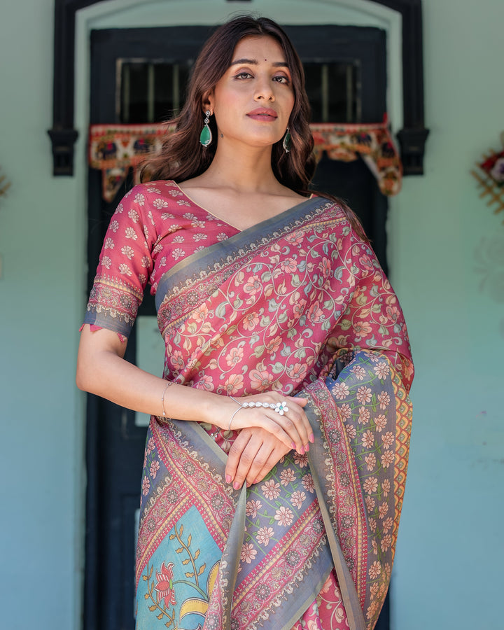Rosewood Red Handloom Cotton Saree with Artistic Fish Pallu & Floral Vine Print