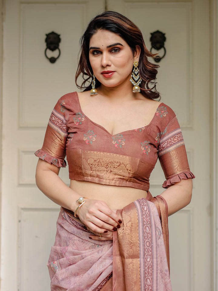 Dusty Peach & Copper Zari Woven Saree with Pastel Motifs & Tassels – Elegant Festive Traditional Wear