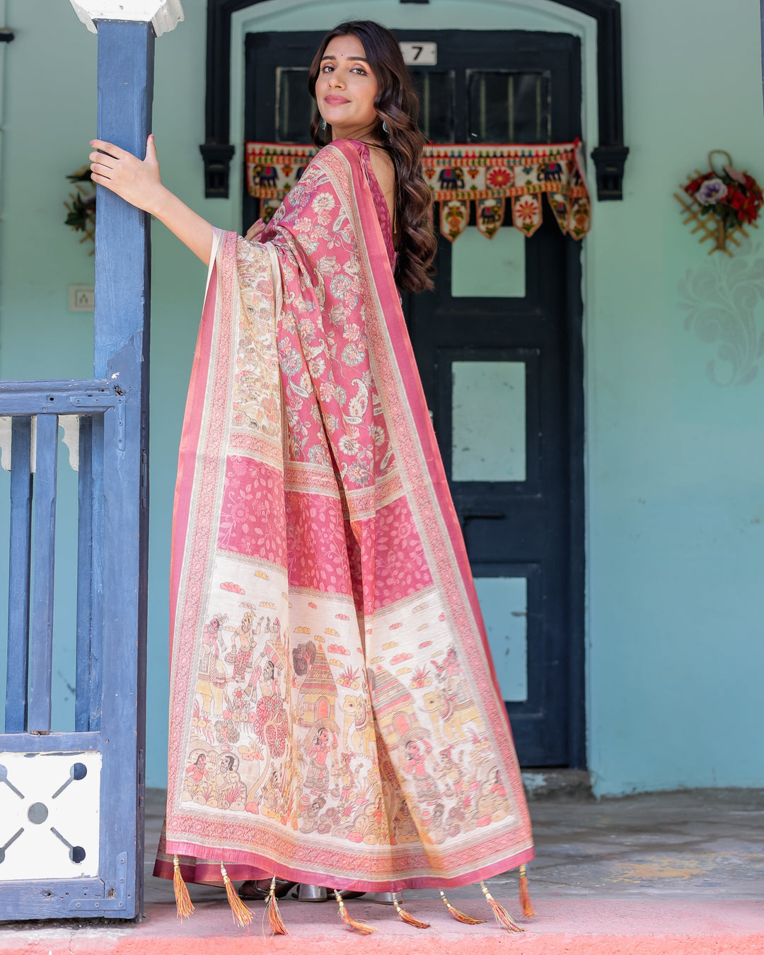 Maroon Rose Pink Handloom Cotton Saree with Traditional Procession Print & Floral Vine Motifs