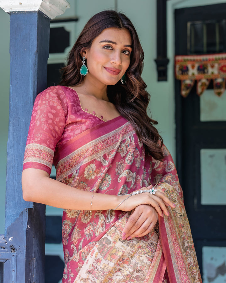 Maroon Rose Pink Handloom Cotton Saree with Traditional Procession Print & Floral Vine Motifs