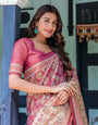 Maroon Rose Pink Handloom Cotton Saree with Traditional Procession Print & Floral Vine Motifs