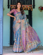Dusky Blue & Violet Handloom Cotton Saree with Mythical Tree Art & Peacock Detailing