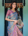 Dusky Blue & Violet Handloom Cotton Saree with Mythical Tree Art & Peacock Detailing