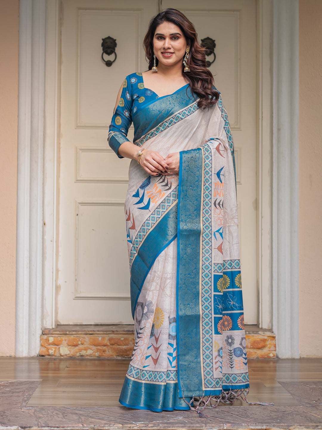 Teal Blue Handloom Cotton Printed Saree with Ethnic Panel Pallu, Woven Border & Tassels – Traditional Festive Wear