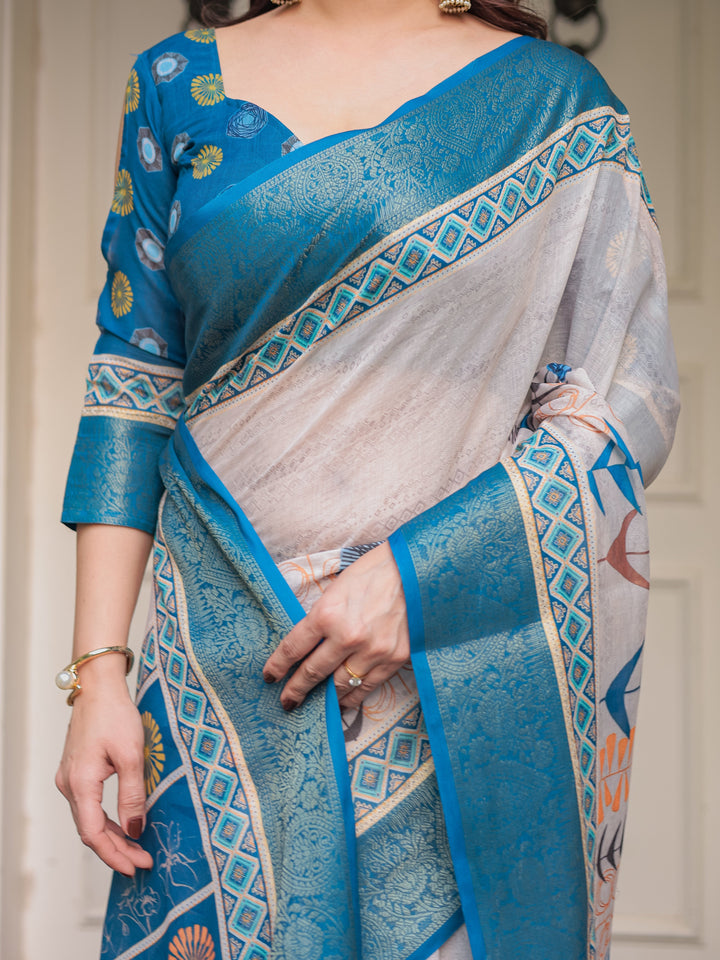 Teal Blue Handloom Cotton Printed Saree with Ethnic Panel Pallu, Woven Border & Tassels – Traditional Festive Wear