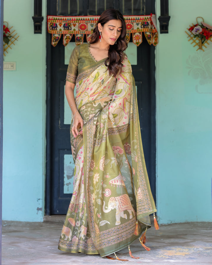 Olive Green & Ivory Handloom Cotton Saree with Lotus Blooms and Royal Elephant Motifs