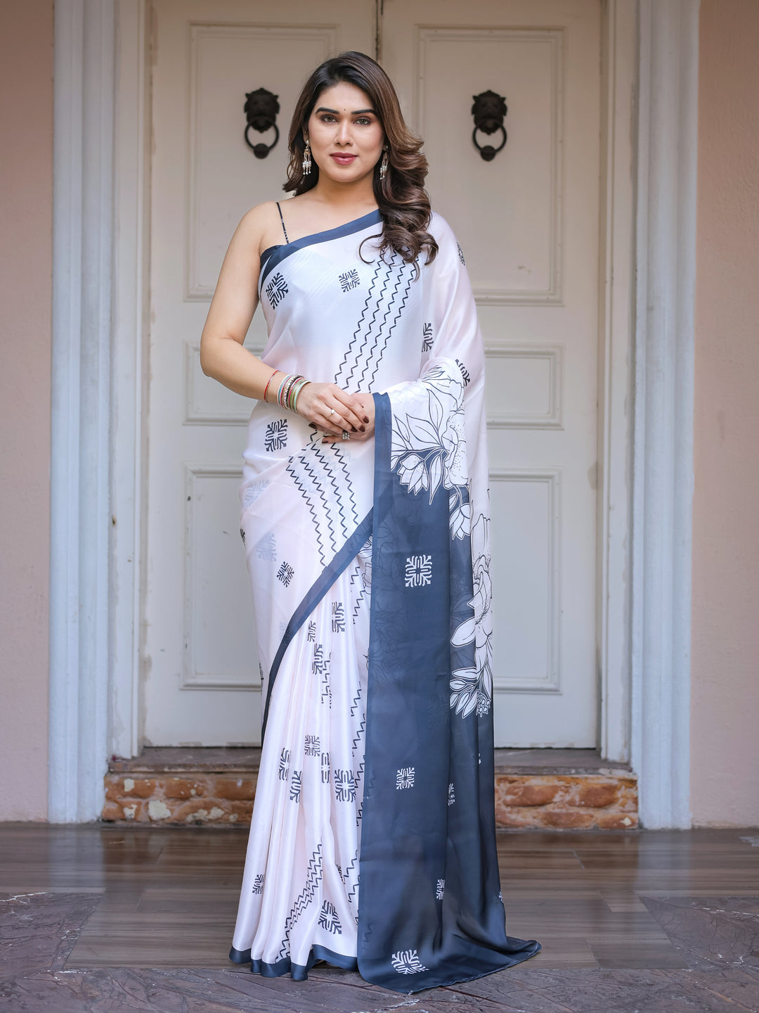 Grey & Ivory Floral Printed Satin Georgette Saree with Matching Blouse – Elegant Contemporary Party Wear
