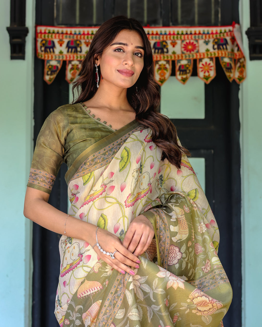Olive Green & Ivory Handloom Cotton Saree with Lotus Blooms and Royal Elephant Motifs