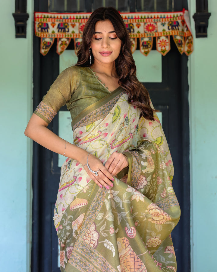 Olive Green & Ivory Handloom Cotton Saree with Lotus Blooms and Royal Elephant Motifs