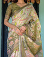 Olive Green & Ivory Handloom Cotton Saree with Lotus Blooms and Royal Elephant Motifs