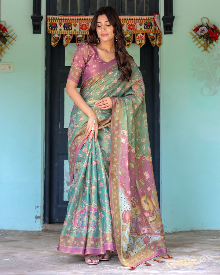 Aqua Green & Lilac Handloom Cotton Saree with Floral Vine Print & Majestic Bird Pallu