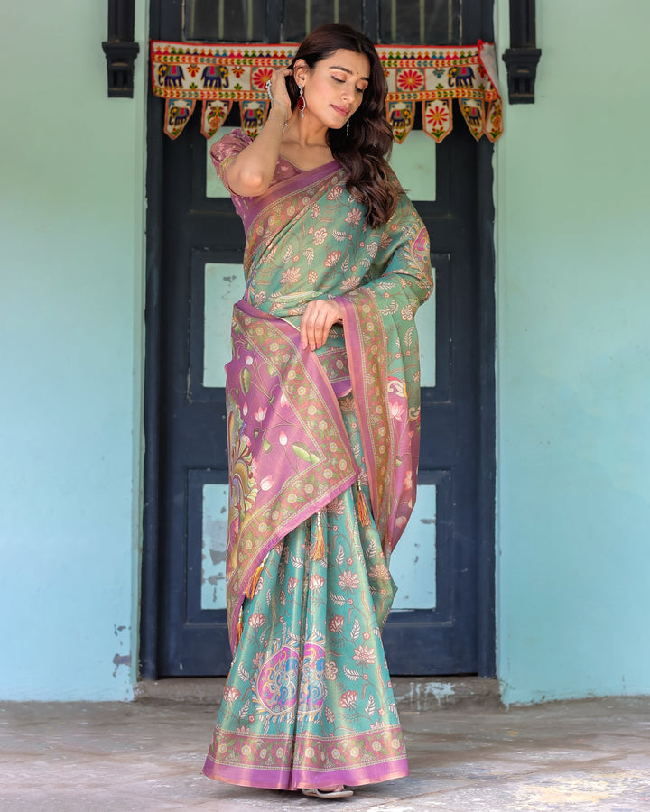 Aqua Green & Lilac Handloom Cotton Saree with Floral Vine Print & Majestic Bird Pallu