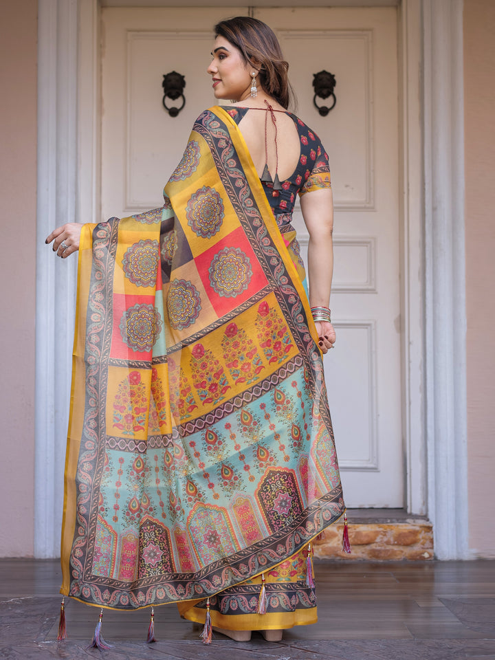 Mustard Yellow Multicolor Panel Printed Handloom Cotton Saree with Mandala Pallu, Ornamental Border & Tassels – Traditional Festive Wear
