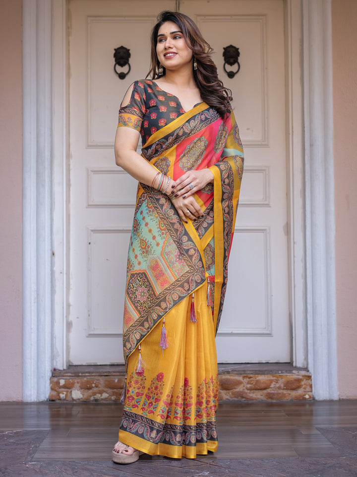 Mustard Yellow Multicolor Panel Printed Handloom Cotton Saree with Mandala Pallu, Ornamental Border & Tassels – Traditional Festive Wear