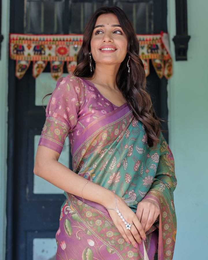 Aqua Green & Lilac Handloom Cotton Saree with Floral Vine Print & Majestic Bird Pallu