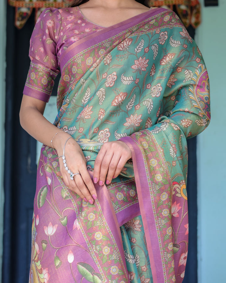 Aqua Green & Lilac Handloom Cotton Saree with Floral Vine Print & Majestic Bird Pallu