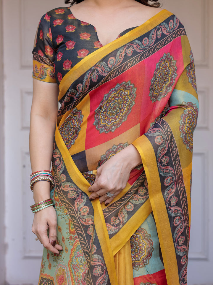 Mustard Yellow Multicolor Panel Printed Handloom Cotton Saree with Mandala Pallu, Ornamental Border & Tassels – Traditional Festive Wear