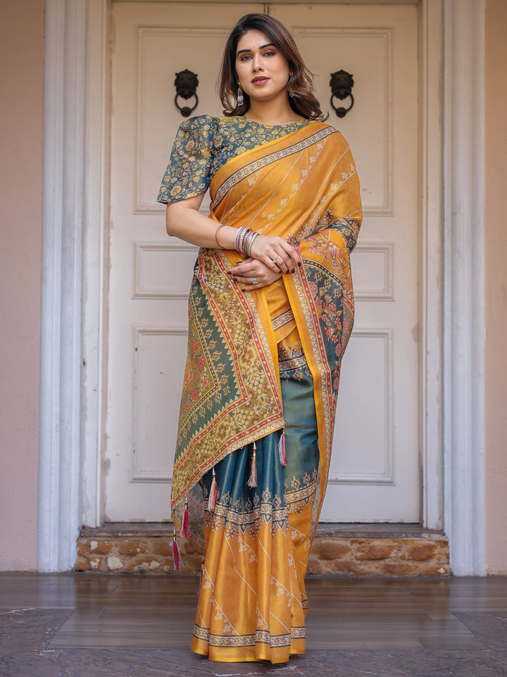 Mustard Yellow & Teal Green Floral Panel Printed Handloom Cotton Saree with Heritage Border & Tassels – Festive Traditional Wear