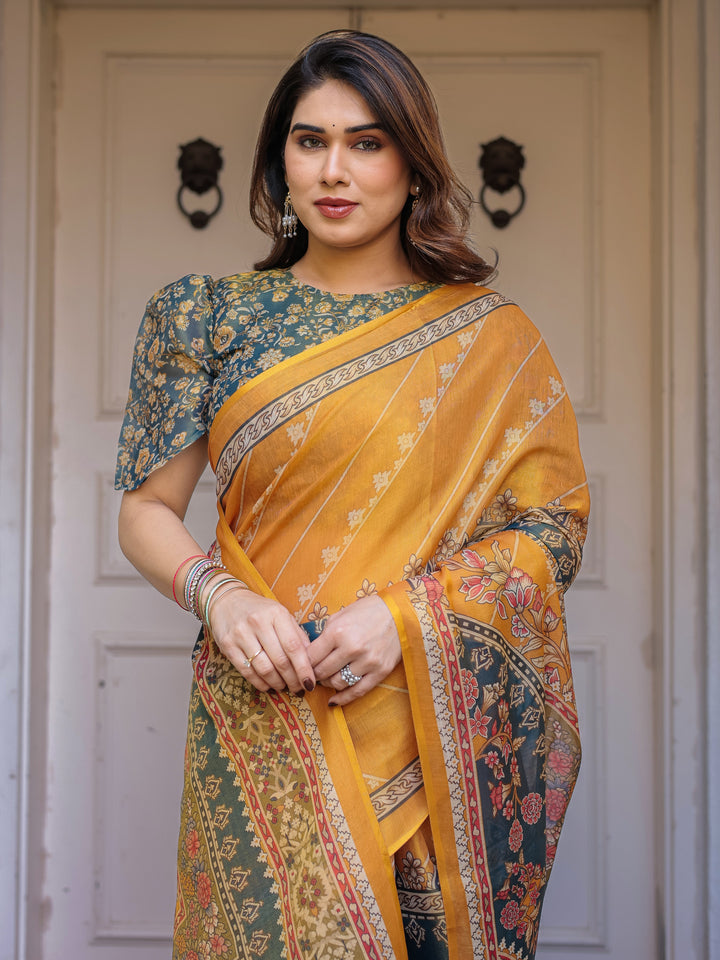 Mustard Yellow & Teal Green Floral Panel Printed Handloom Cotton Saree with Heritage Border & Tassels – Festive Traditional Wear