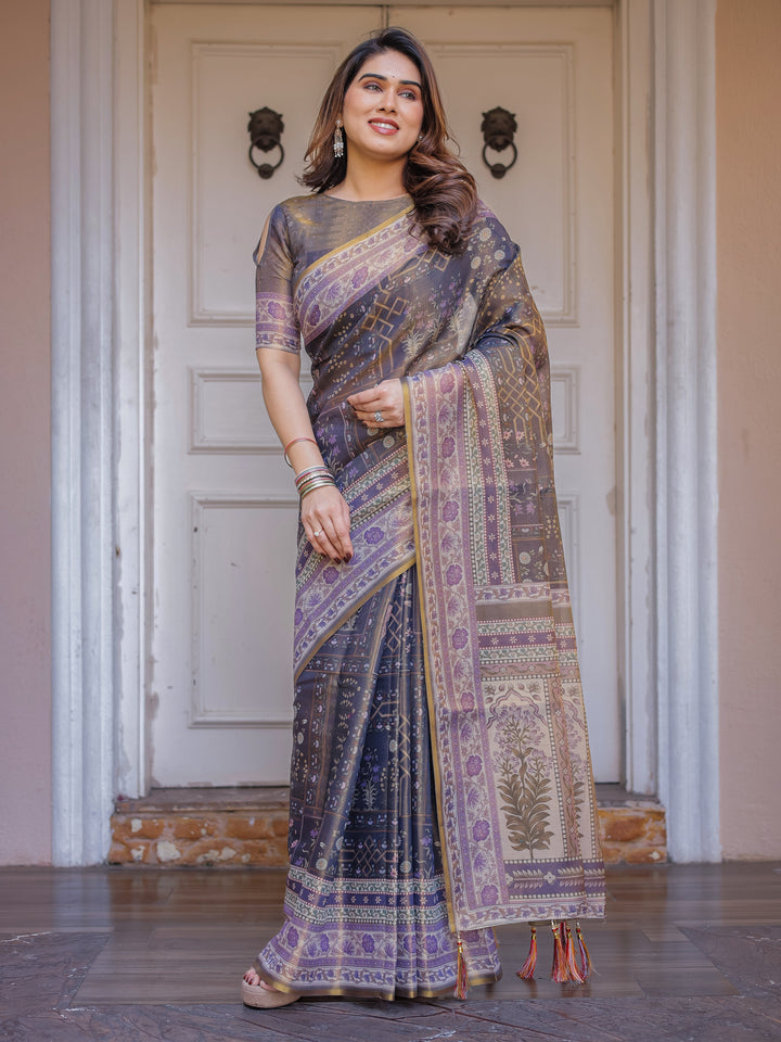 Smoky Grey & Lavender Floral Panel Printed Handloom Cotton Saree with Heritage Border & Tassels – Elegant Traditional Wear