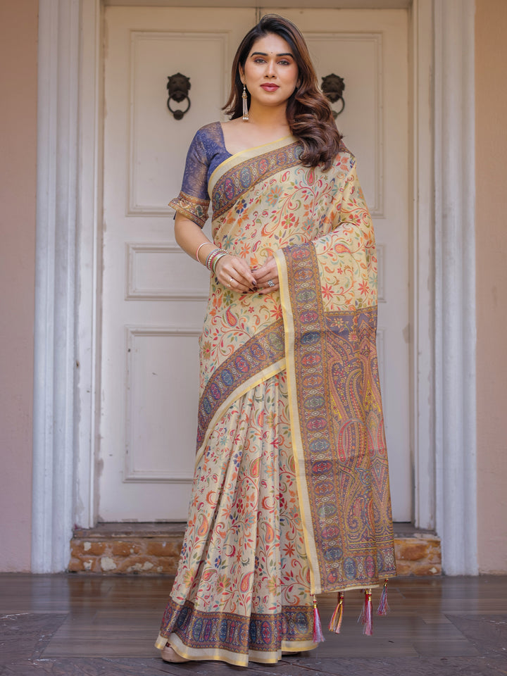 Cream & Navy Blue Floral Paisley Printed Handloom Cotton Saree with Heritage Border & Tassels – Festive Ethnic Wear
