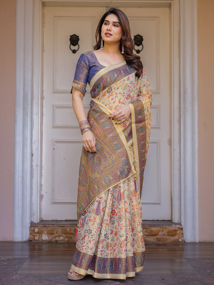 Cream & Navy Blue Floral Paisley Printed Handloom Cotton Saree with Heritage Border & Tassels – Festive Ethnic Wear