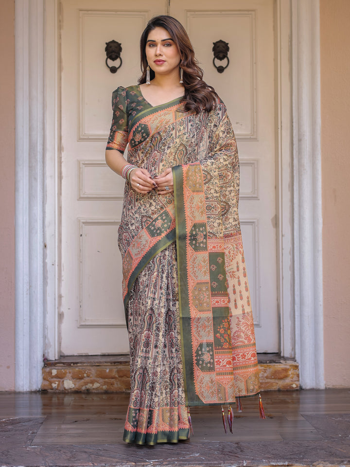 Beige & Olive Green Paisley Panel Printed Handloom Cotton Saree with Heritage Border & Tassels – Traditional Festive Wear