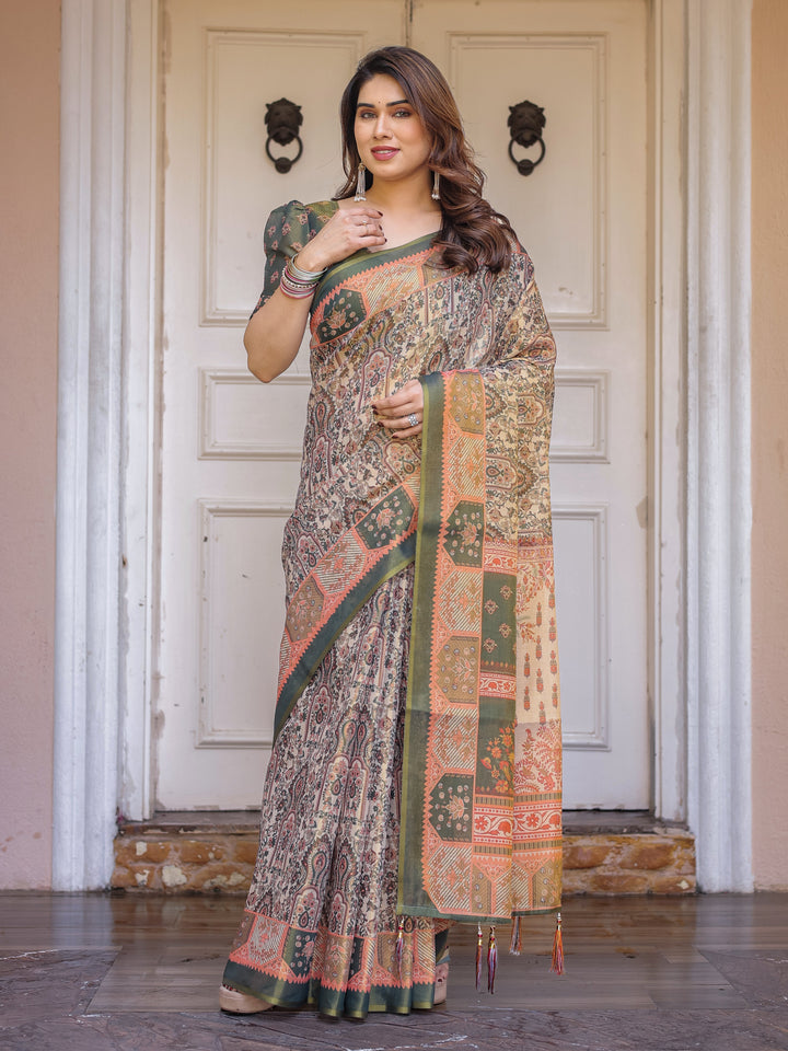 Beige & Olive Green Paisley Panel Printed Handloom Cotton Saree with Heritage Border & Tassels – Traditional Festive Wear