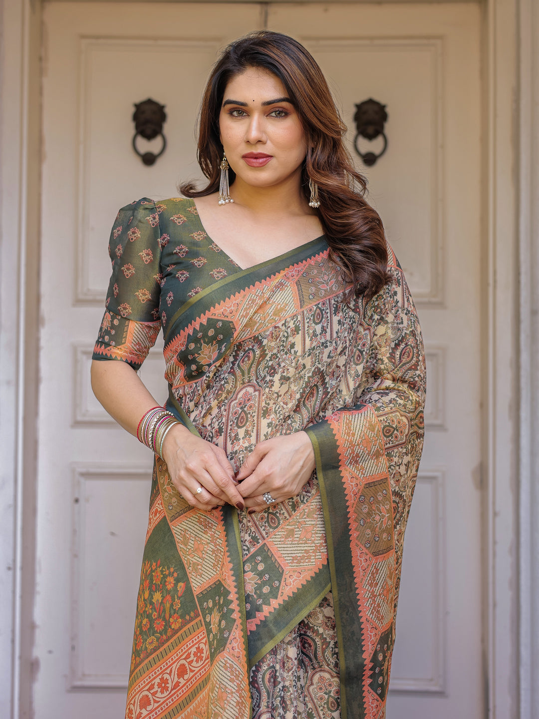 Beige & Olive Green Paisley Panel Printed Handloom Cotton Saree with Heritage Border & Tassels – Traditional Festive Wear