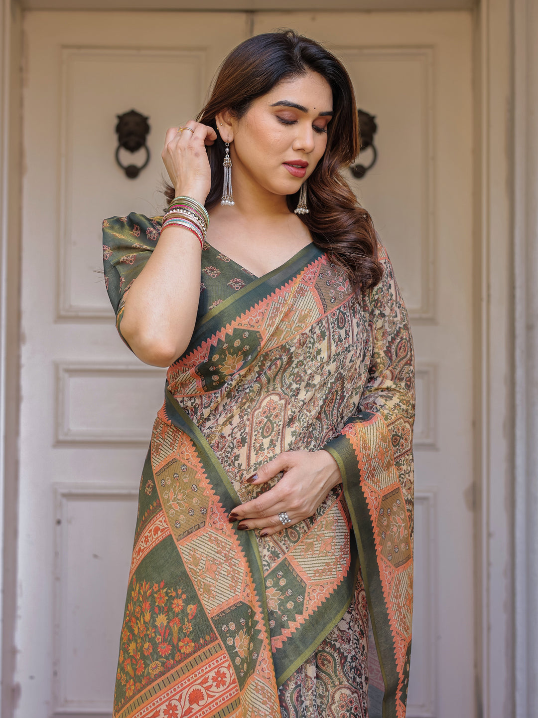 Beige & Olive Green Paisley Panel Printed Handloom Cotton Saree with Heritage Border & Tassels – Traditional Festive Wear