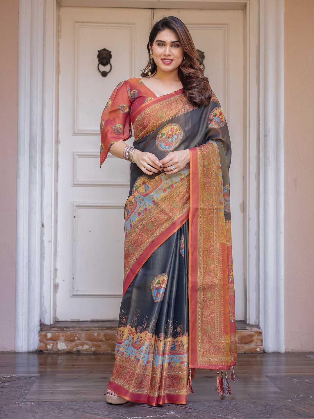 Rust Red & Charcoal Grey Traditional Folk Art Printed Handloom Cotton Saree with Heritage Border & Tassels – Cultural Festive Wear