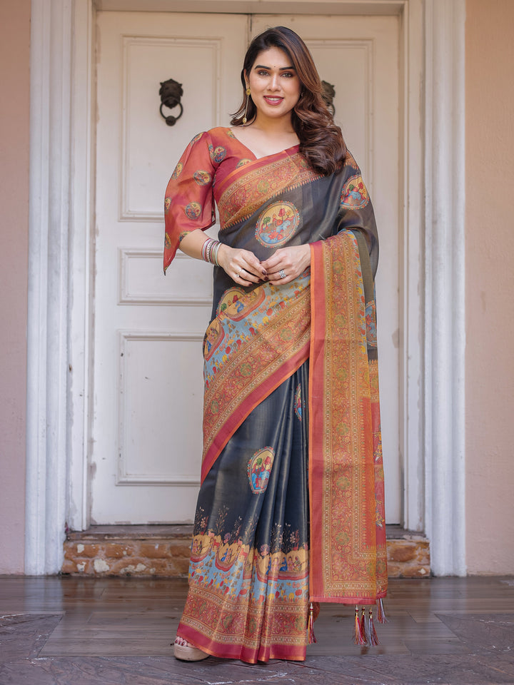 Rust Red & Charcoal Grey Traditional Folk Art Printed Handloom Cotton Saree with Heritage Border & Tassels – Cultural Festive Wear