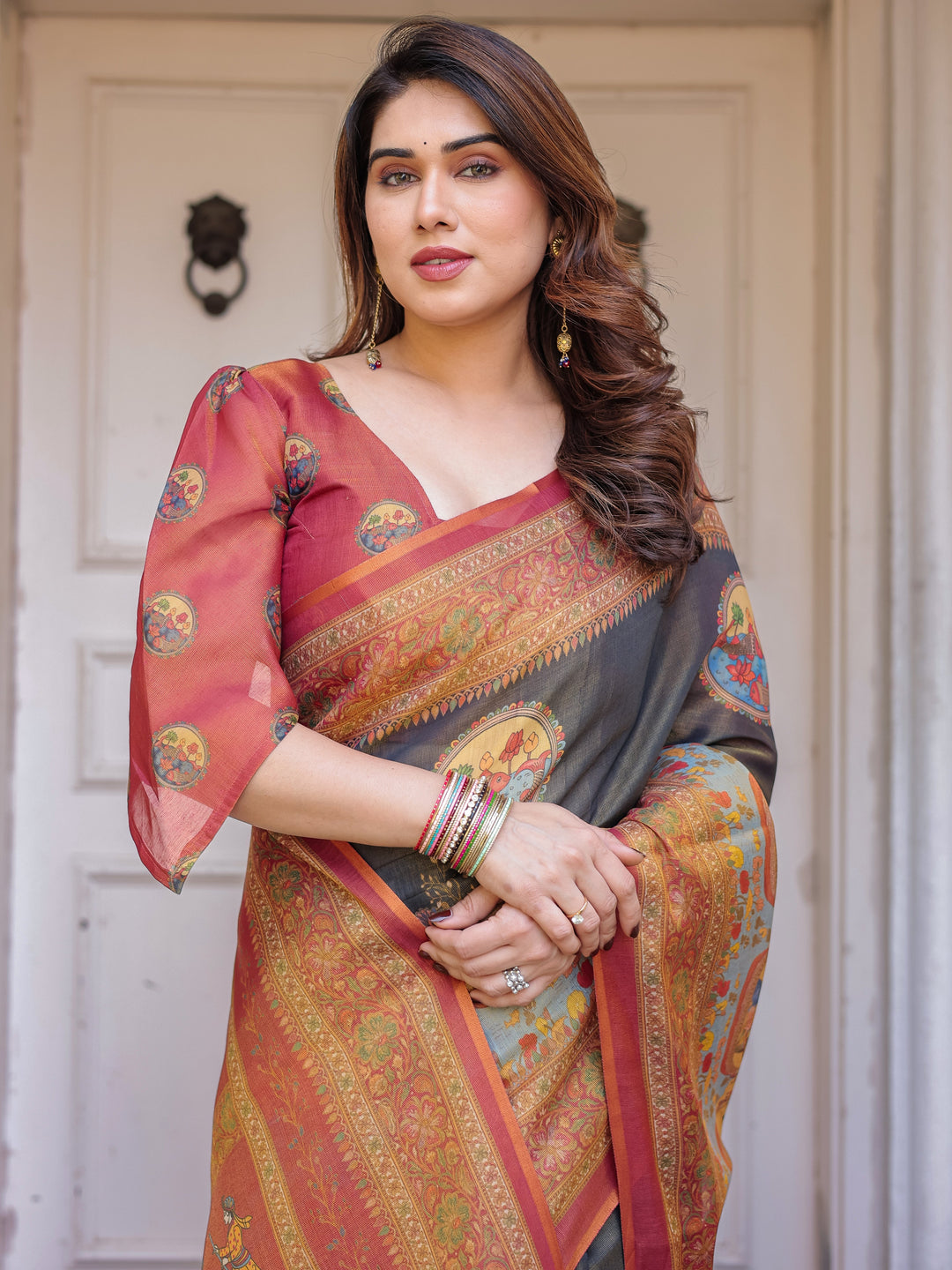 Rust Red & Charcoal Grey Traditional Folk Art Printed Handloom Cotton Saree with Heritage Border & Tassels – Cultural Festive Wear
