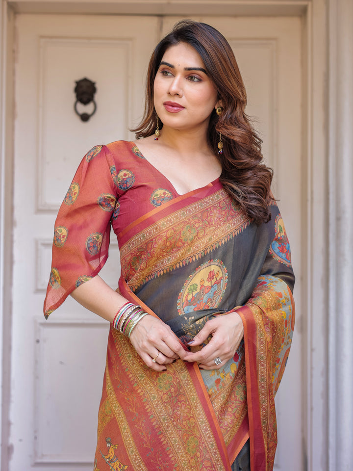 Rust Red & Charcoal Grey Traditional Folk Art Printed Handloom Cotton Saree with Heritage Border & Tassels – Cultural Festive Wear