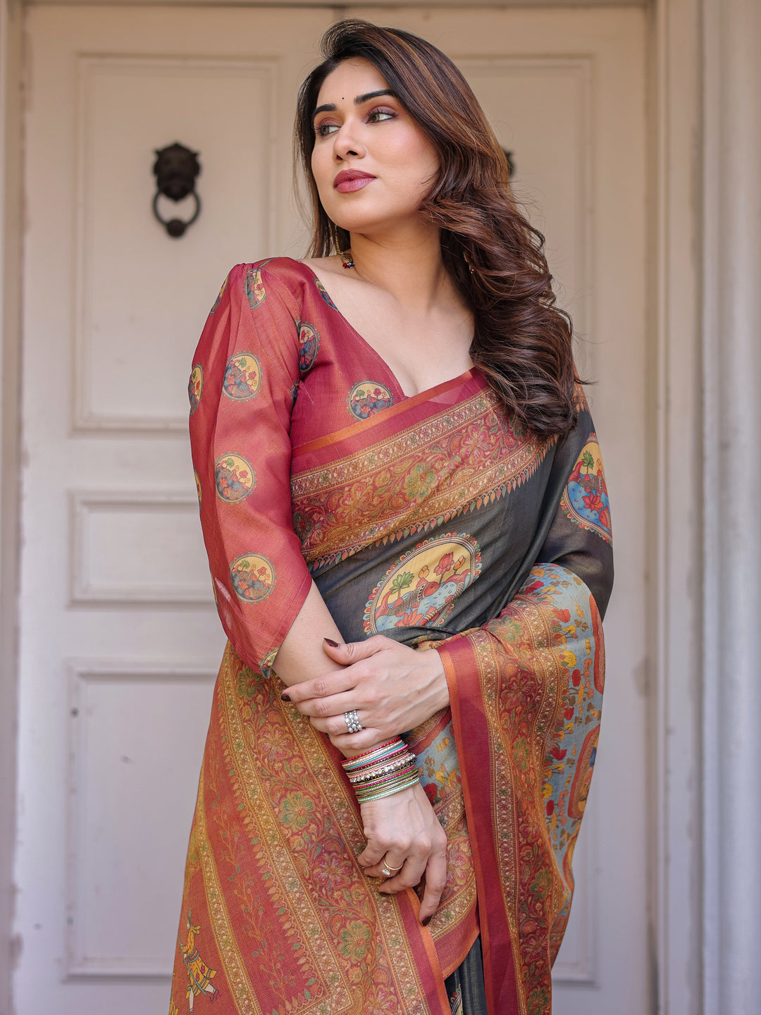 Rust Red & Charcoal Grey Traditional Folk Art Printed Handloom Cotton Saree with Heritage Border & Tassels – Cultural Festive Wear