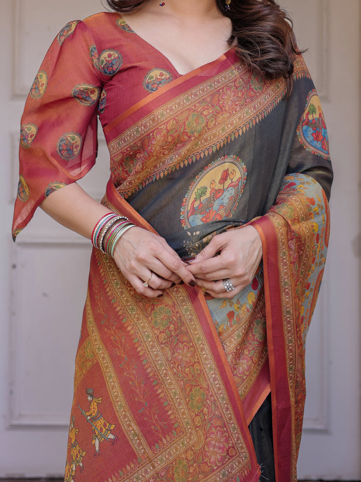 Rust Red & Charcoal Grey Traditional Folk Art Printed Handloom Cotton Saree with Heritage Border & Tassels – Cultural Festive Wear