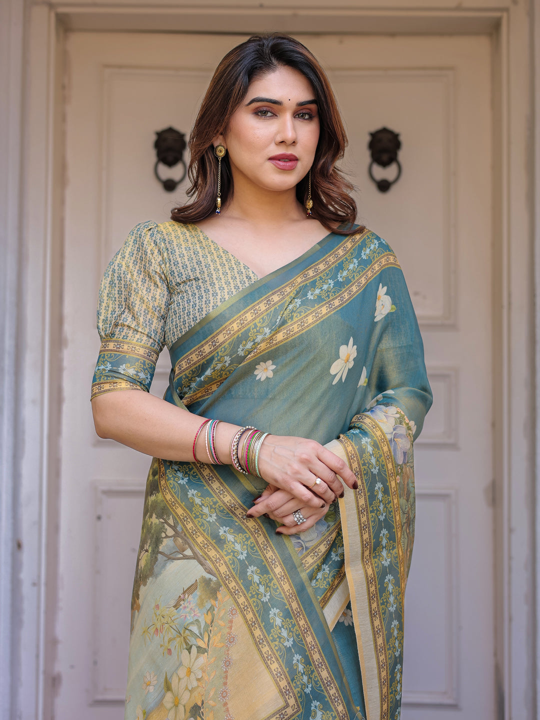Pastel Sea-Green Scenic Landscape Printed Handloom Cotton Saree with Artistic Pallu & Tassels – Elegant Day Wear