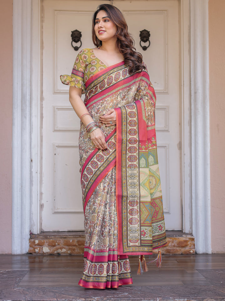 Cream & Pink Floral Heritage Printed Handloom Cotton Saree with Traditional Border & Tassels – Elegant Festive Wear