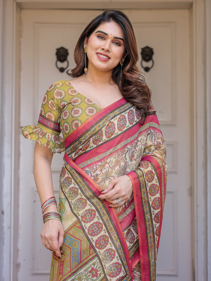 Cream & Pink Floral Heritage Printed Handloom Cotton Saree with Traditional Border & Tassels – Elegant Festive Wear