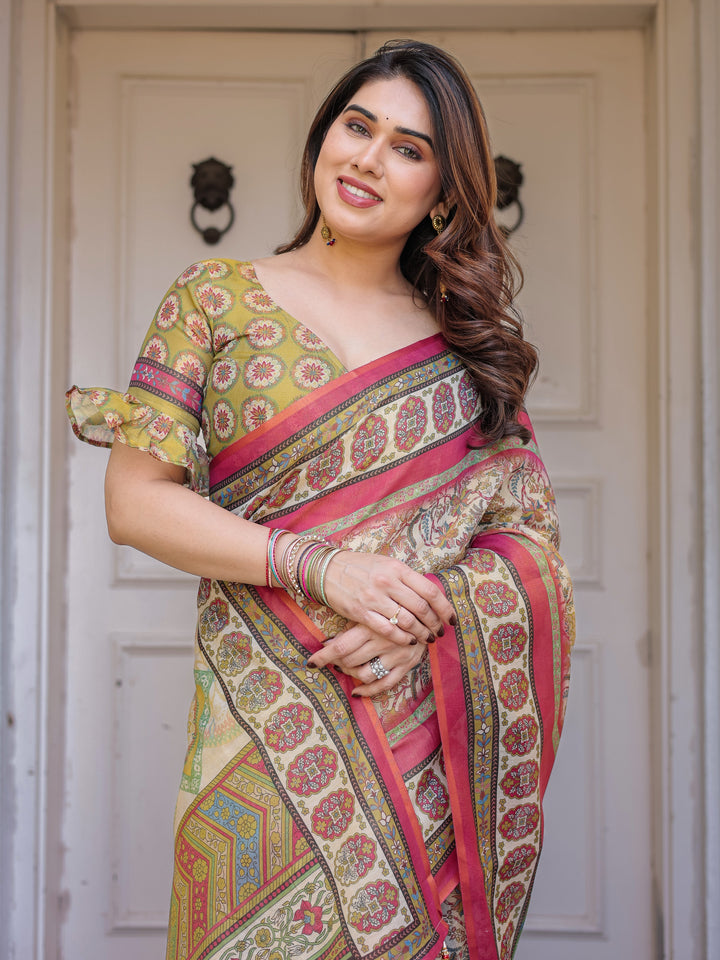 Cream & Pink Floral Heritage Printed Handloom Cotton Saree with Traditional Border & Tassels – Elegant Festive Wear