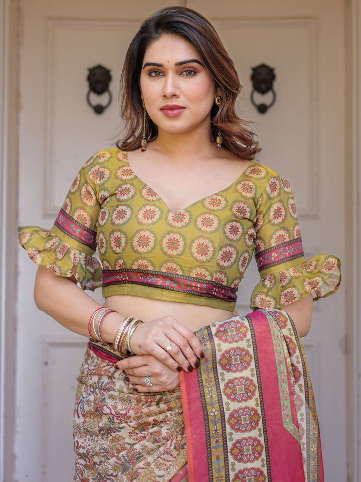 Cream & Pink Floral Heritage Printed Handloom Cotton Saree with Traditional Border & Tassels – Elegant Festive Wear