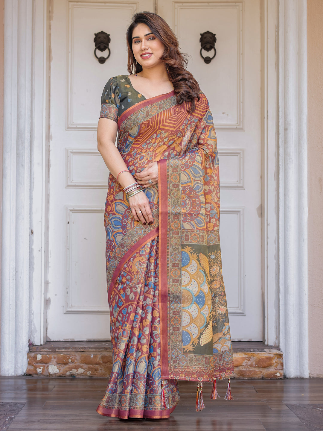 Rust Maroon & Olive Artistic Peacock Printed Handloom Cotton Saree with Heritage Border & Tassels – Festive Ethnic Wear