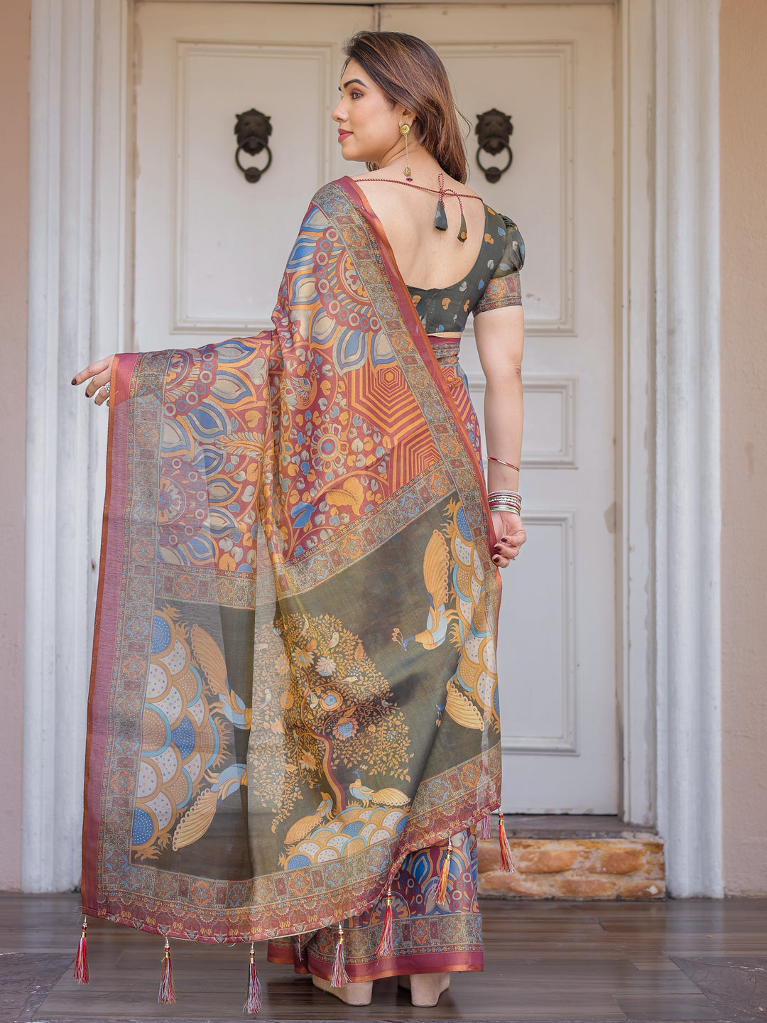 Rust Maroon & Olive Artistic Peacock Printed Handloom Cotton Saree with Heritage Border & Tassels – Festive Ethnic Wear